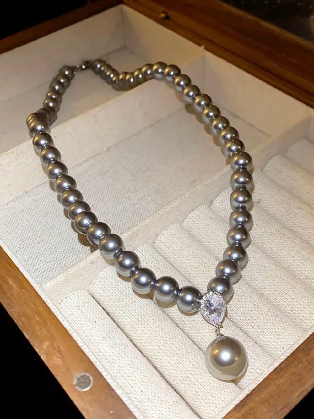 Gray Pearl Necklace with Teardrop Crystal Pendant
